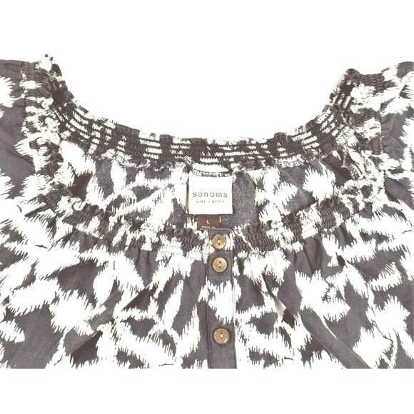 Sonoma Womans Blouse Top Gathered Neckline Button Front Gray White size L JH1053 - Picture 3 of 5